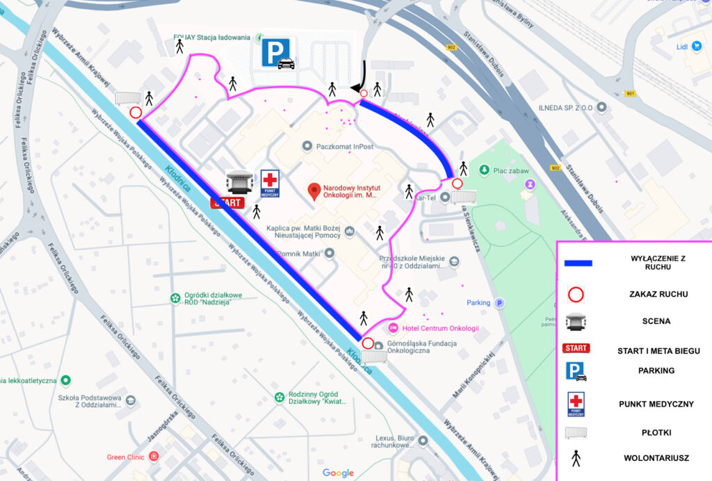 Mapa biegu oko w oko 16-18.05.2025. Częściowo zamknieta wybrzeże armii krajowej od hotelu oraz częściowo zamknięta ulica sienkiewicza do ronda im. prof. Leszka Miszczyka